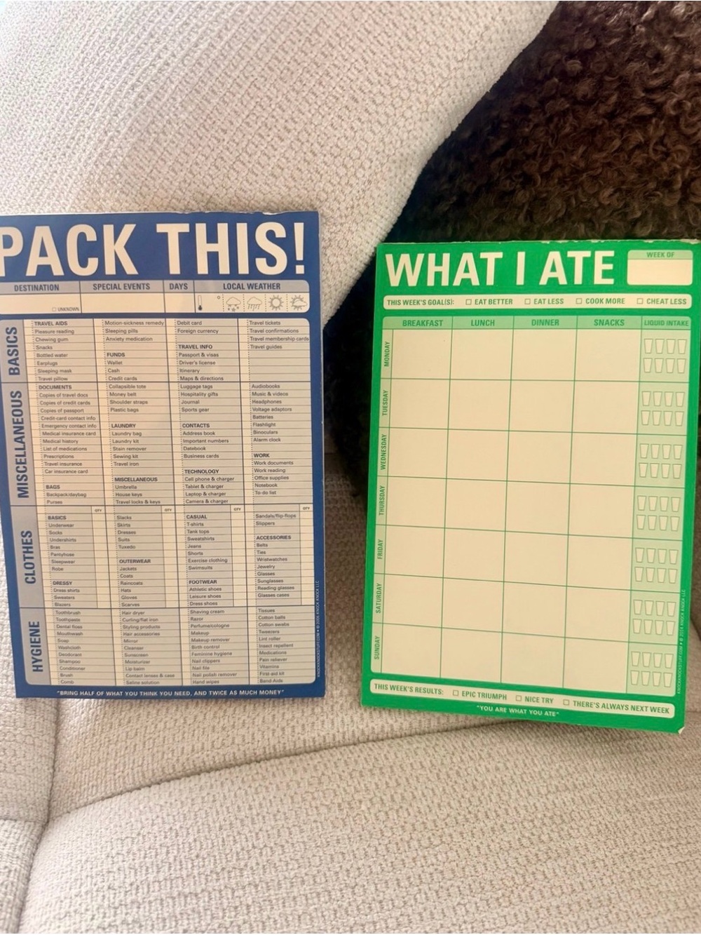 Blue "Pack This!" and Green "What I Ate" Notepads